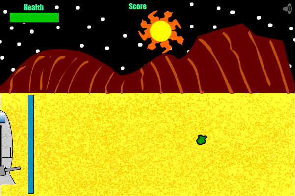 A screenshot mid game. The ship the player must defend is on the far left of the image. The barricade is just in front of the ship. Enemies are approaching from the right. The turret on the ship is shooting at them. The background showns a mountainous range and beyond is space.