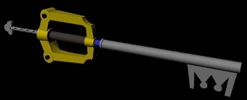 An image of a 3D model. It is based on the Keyblade from the Kindgom Hearts series. It looks like a sword, but from the top quarter of the blade protudes a key like design. The hilt is a square shape with its middle cut out and throught the center is a handle. From the end of the hilt hangs a chain with the mickey mouse symbol on the end of it. The chain and shaft of the sword are grey. The hilt is yellow. The handle is blue. 