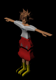 An image of a 3D model. It is based on the charater Sora from the Kingdom Hearts series. He has brown spikey hair, pale skin, a white t-shirt with the Kingdom Hearts Logo on it, red three quarter length shorts and yellow shoes.