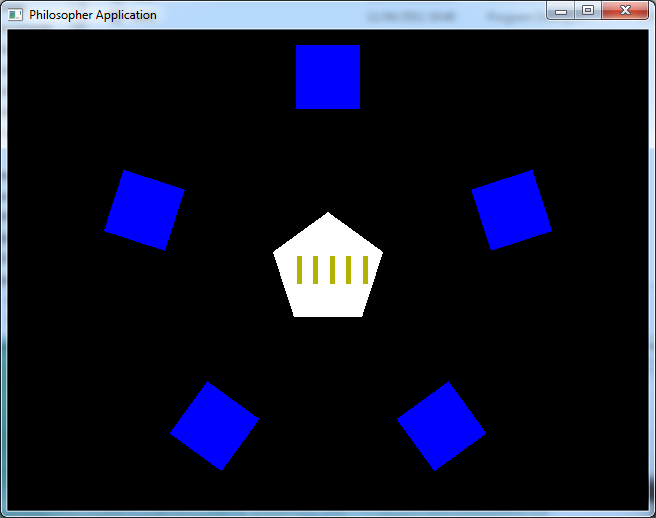 An image of the program running. In is a 5 blue squares situated slightly off a pentagon which has 5 yellow rectangles on it. The background is black.